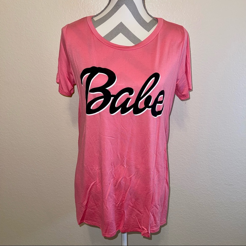 Pink “Babe” Bright Solid Graphic Short Sleeve Round Neck T Shirt